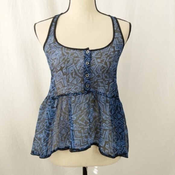 Urban Outfitters Ecote Sheer Blue Black Half Button Down Keyhole Tank Top XS - Picture 1 of 7